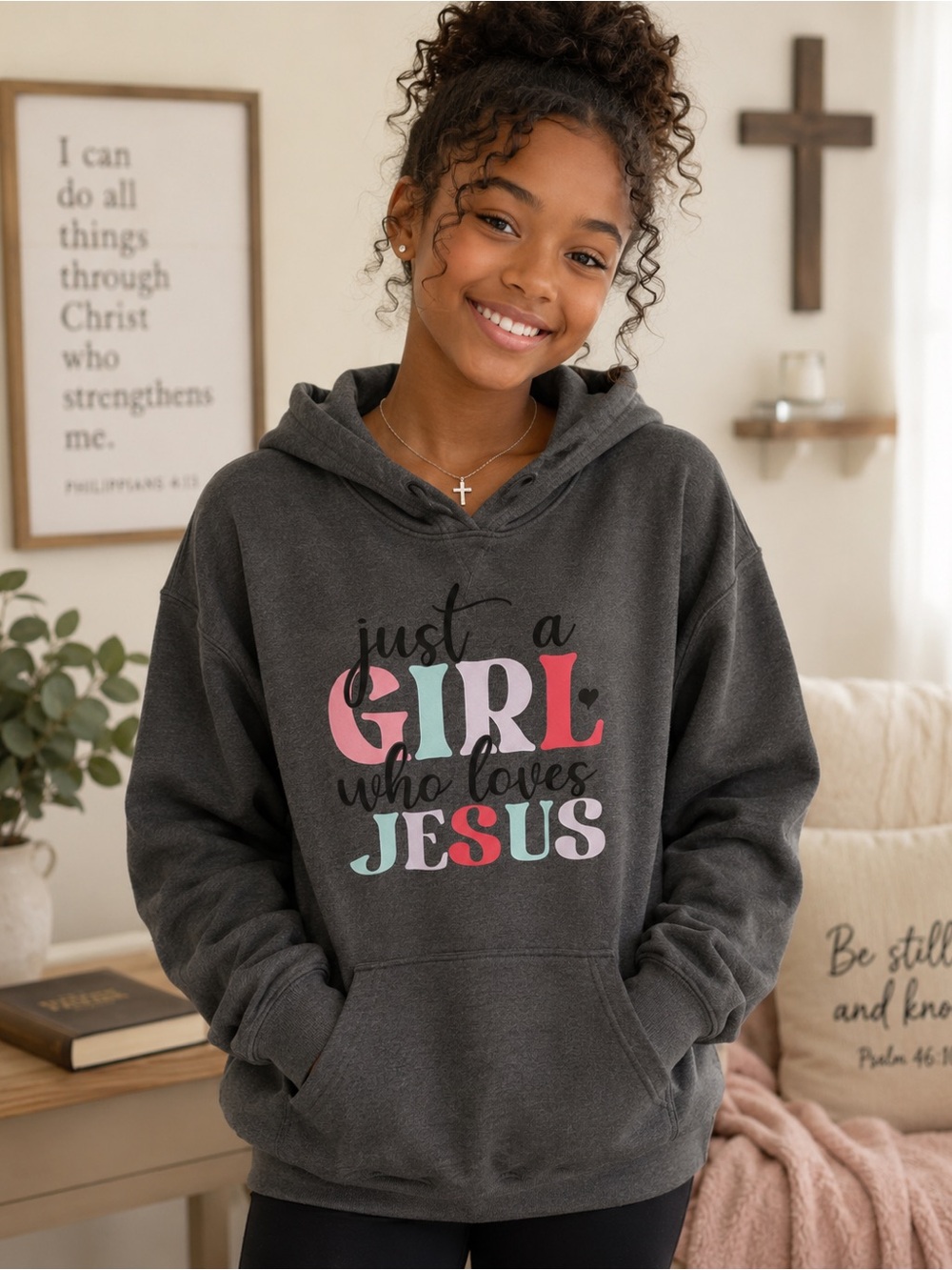 mine Charcoal Gray Hoodie with Multicolor 'Just a Girl Who Loves Jesus' Graphic